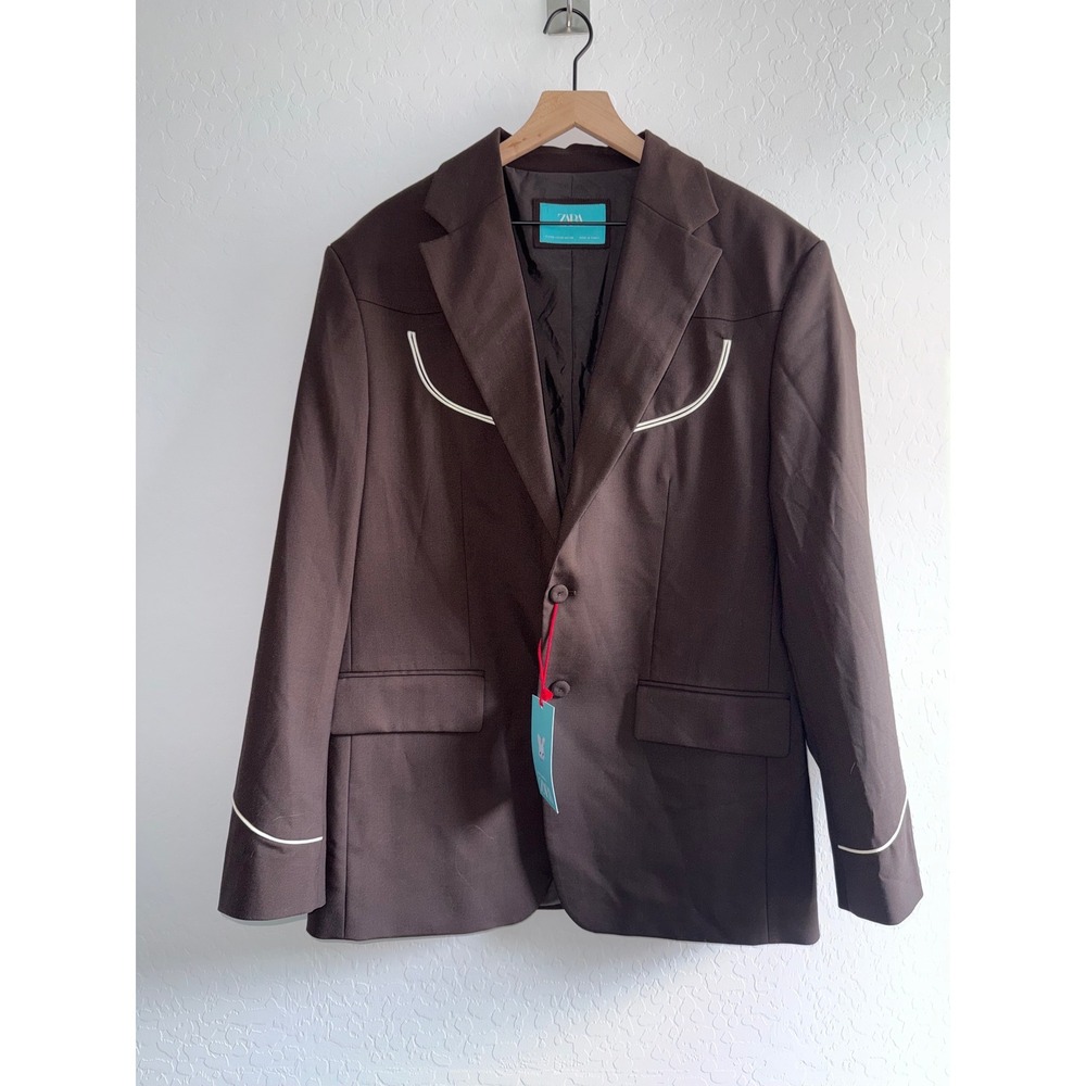 Harry Lambert for Zara Mens Western Blazer Brown Piping Jacket USA 42 /46 NWT